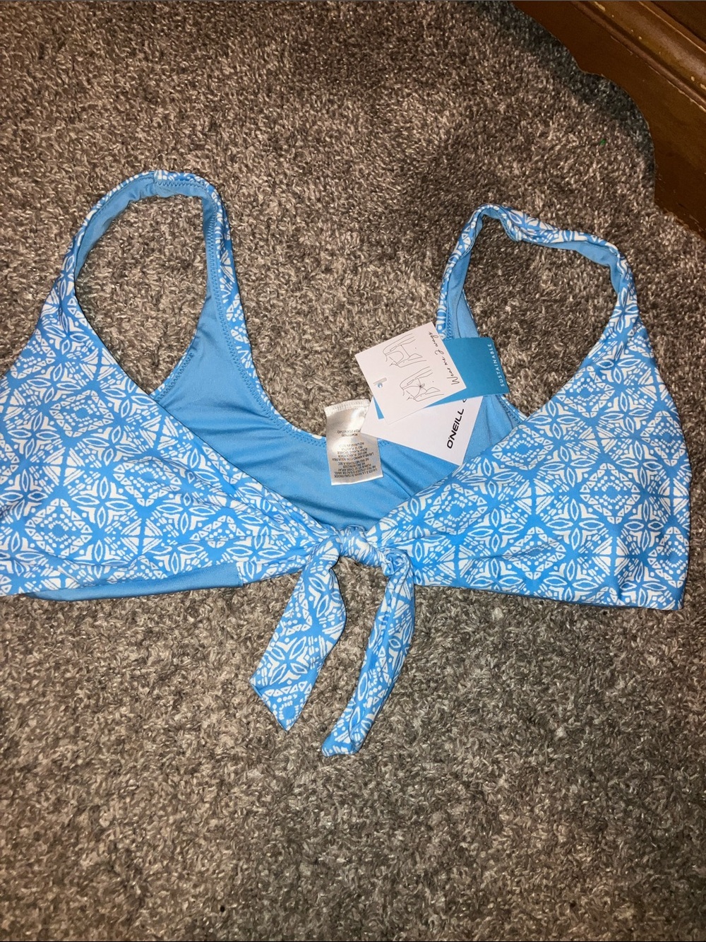 O'Neill Light Blue & White Geometric Tie-Front Bikini Top Medium
